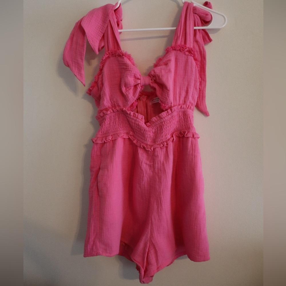 Shop Neighbor Pink Textured Tie Shoulder Romper Size Medium